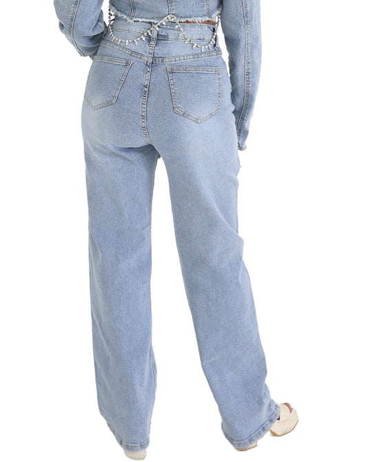 Denim Crop Jacket & Jeans w/ Rhinestones Set- 2 Pc Set view 2
