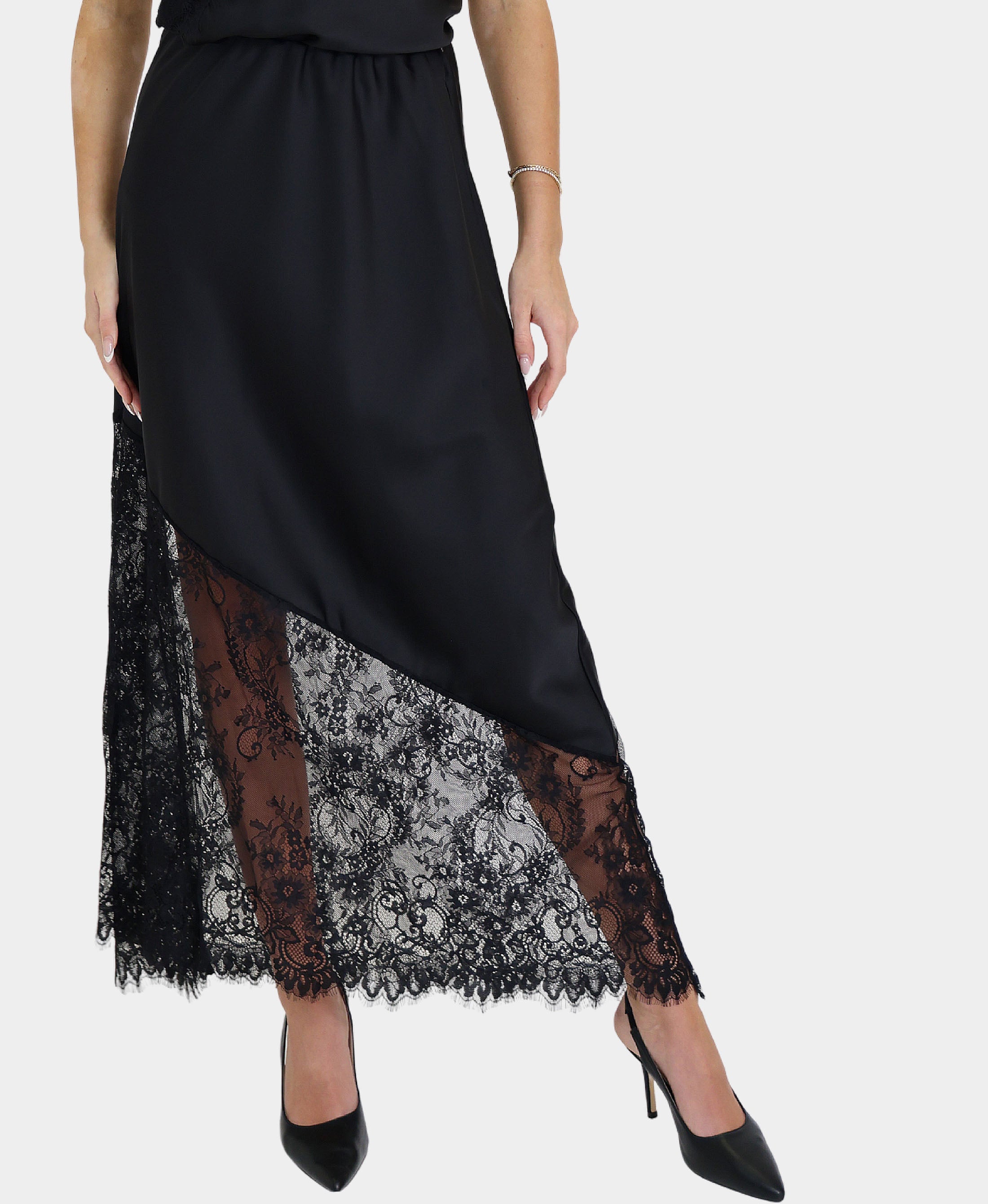 Lace Trim Satin Midi Skirt – FOX'S - Online