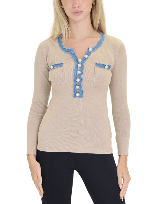 Knit Top w/ Denim Trim view