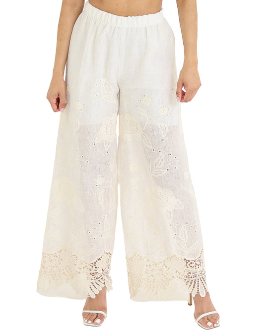 Embroidered Linen Pants w/ Crochet Trim view 1