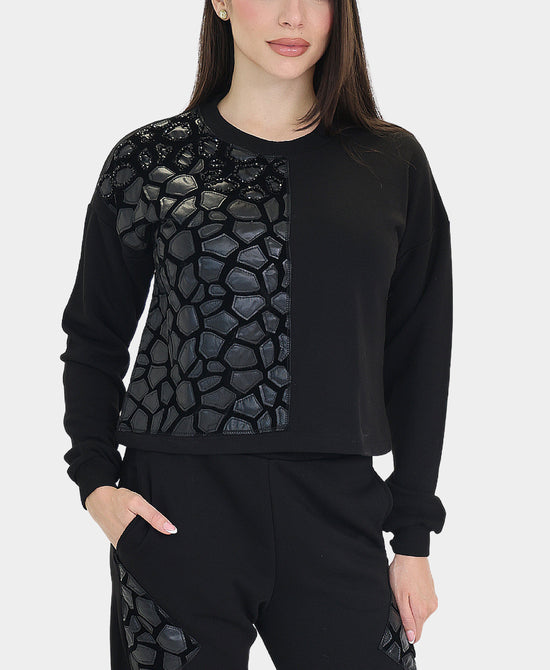 Sweatshirt w/ Faux Leather & Bead Details view