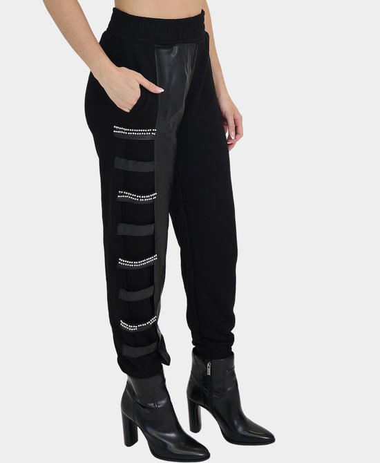 Jogger Pants w/ Faux Leather & Beading Detail view