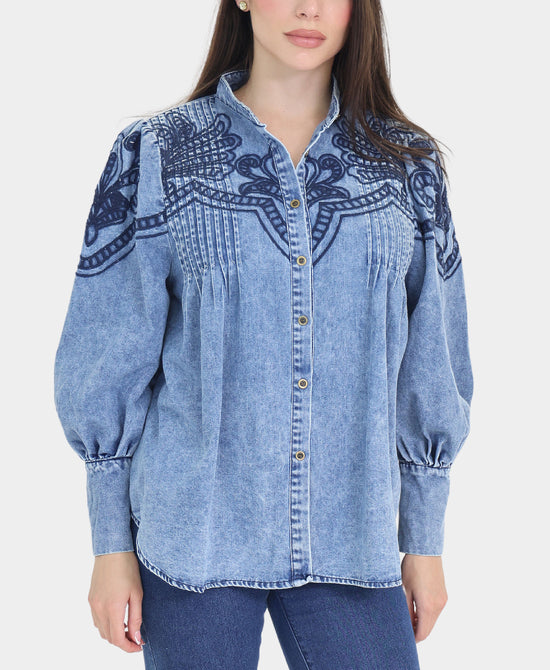 Embroidered Denim Top view