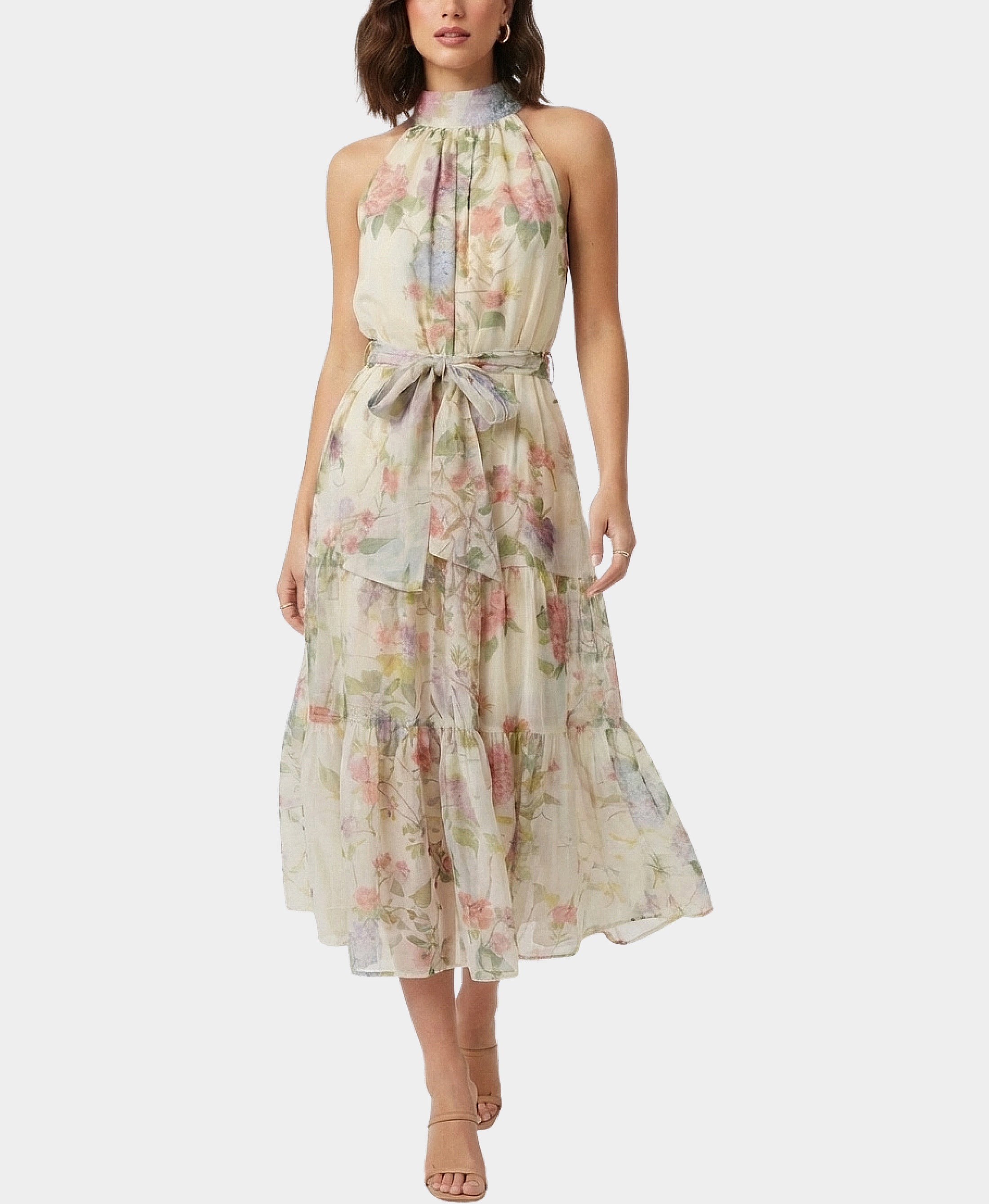 Floral Tiered Halter Maxi Dress S / IVORY MULTI