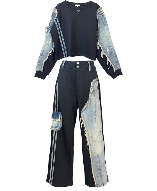 Distressed Denim / Fleece Top & Pants Set- 2 Pc Set view