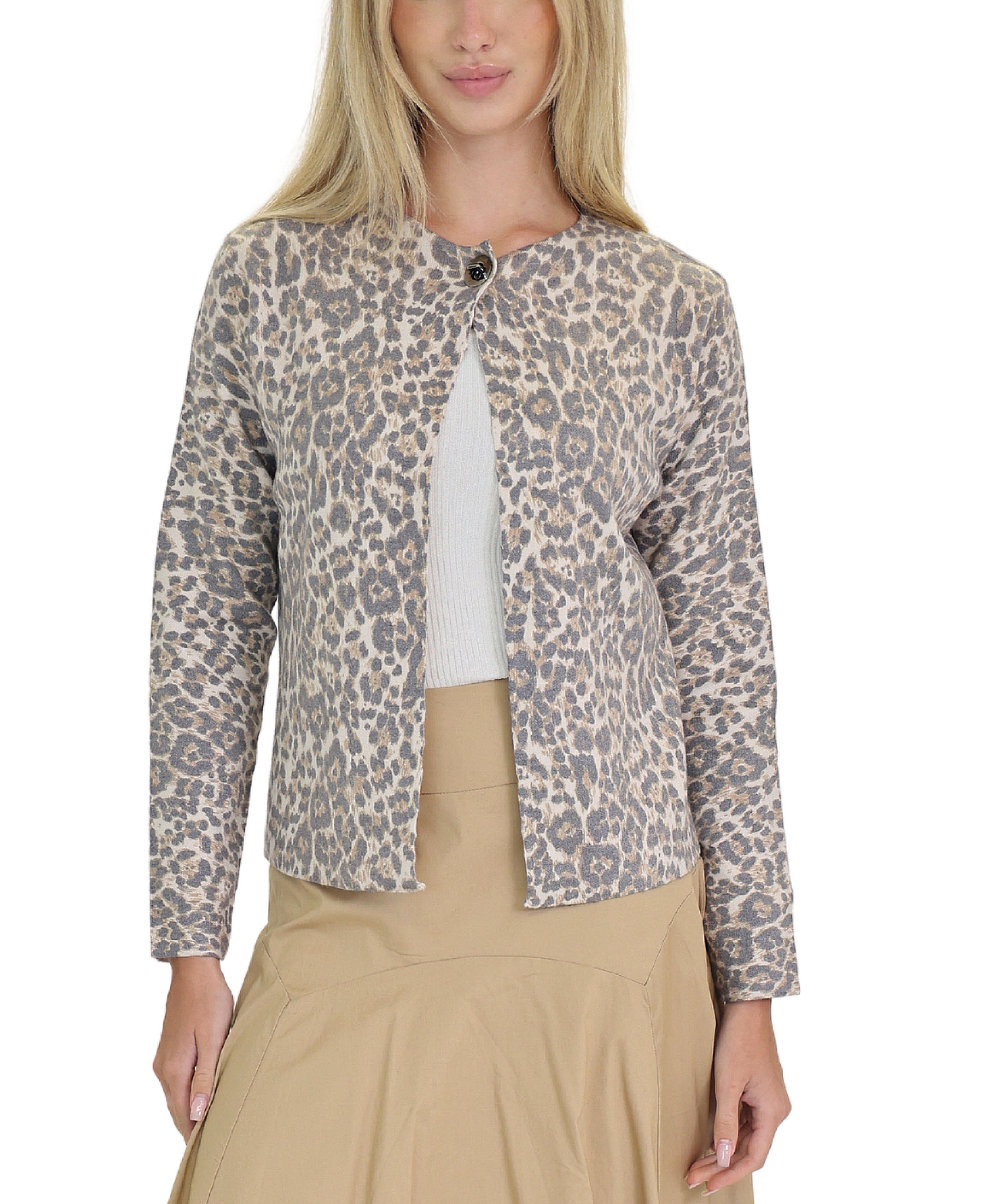 Women's Leopard Print Open Front Cardigan - Loose Long Sleeve Camouflage Trench Coat Style Top, Light Gray, Medium - View #9