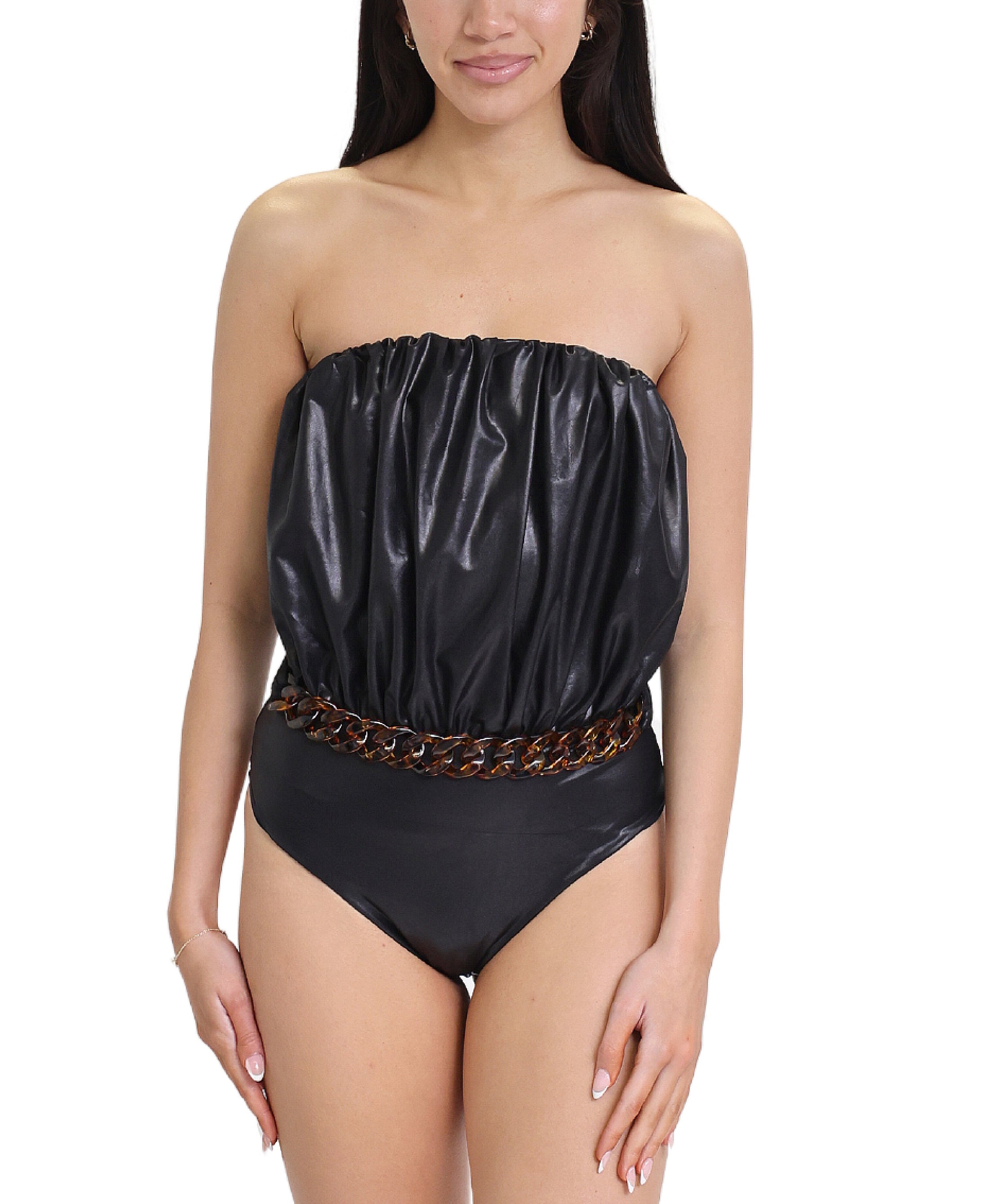 Faux Leather Ruched One Piece Swimsuit