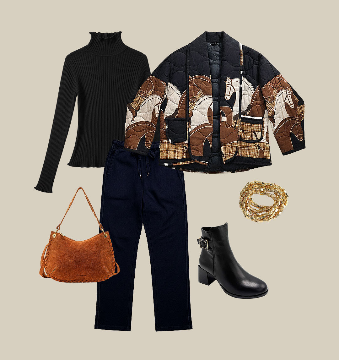 Flat lay of a fall outfit: black ribbed top, black drawstring pants, horse-print quilted jacket, black ankle boots, brown suede shoulder bag, and gold bracelets.