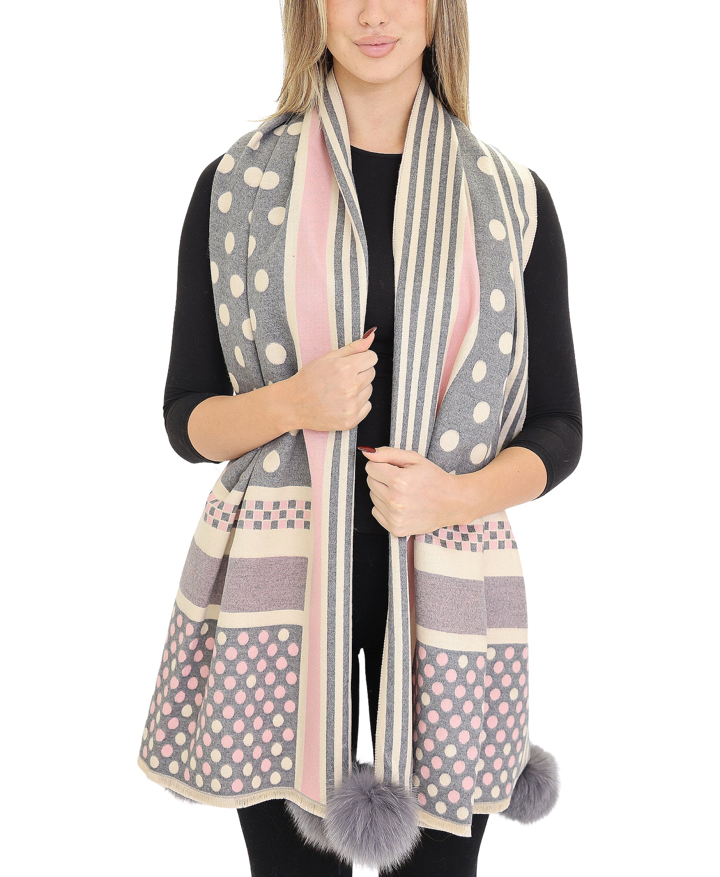 Polka Dot & Stripe Scarf/Wrap w/ Fur Poms view 1