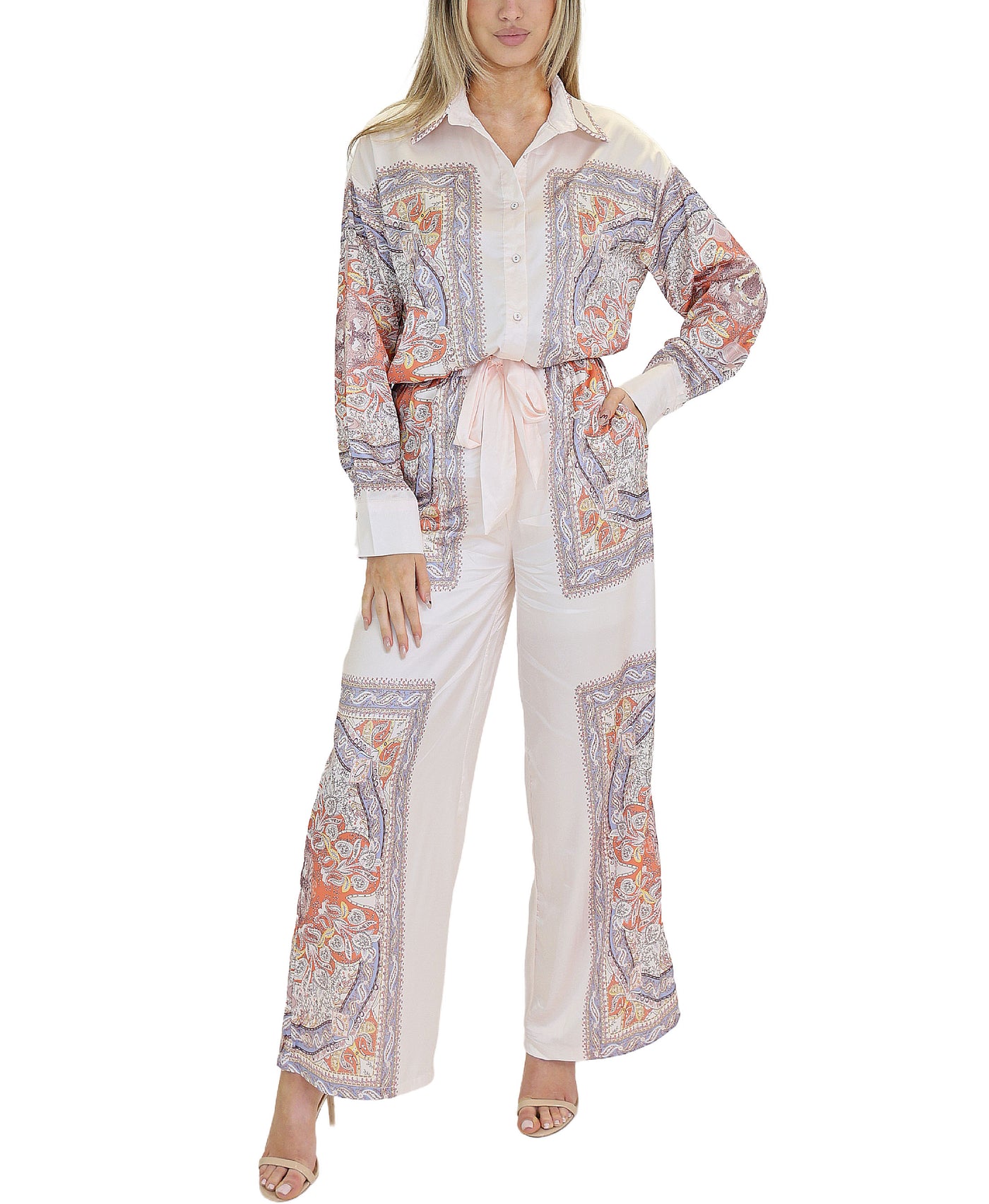 Satin Printed Blouse w/ Pants - 2 Pc Set view 1