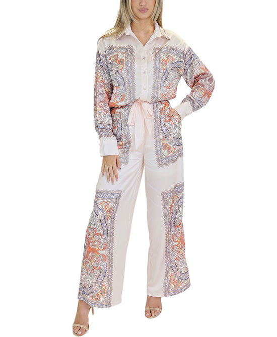 Satin Printed Blouse w/ Pants - 2 Pc Set view 