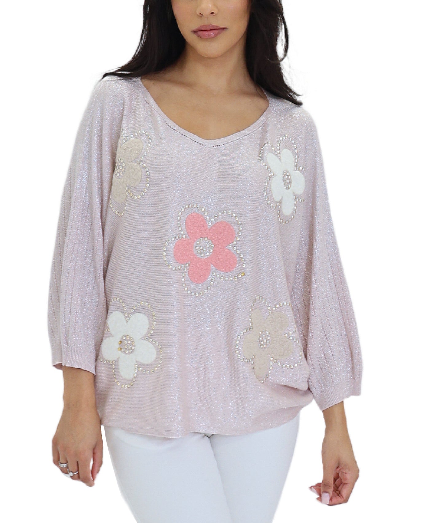 Shimmer Knit Top w/ Flowers & Studs view 1
