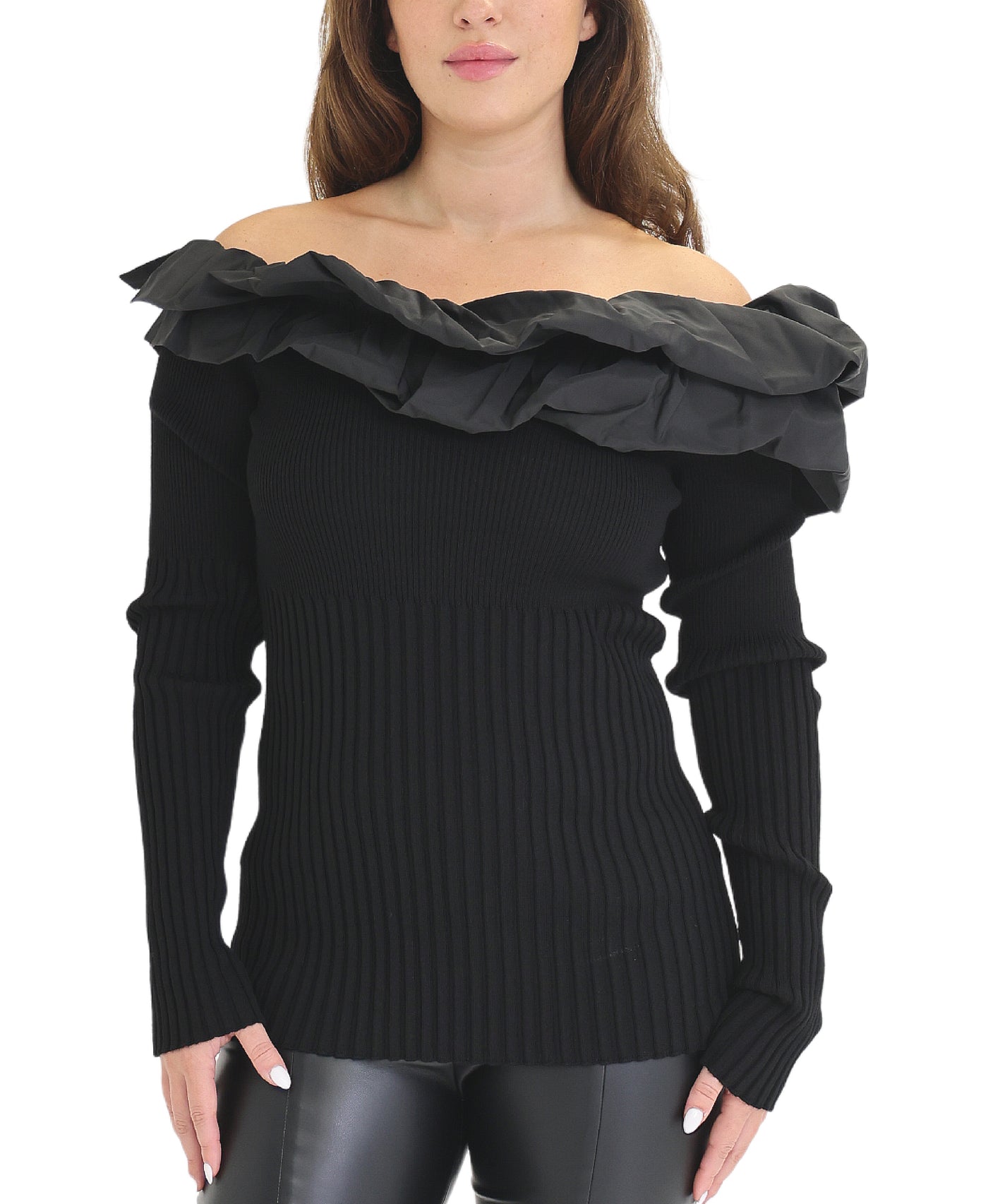 Ribbed Sweater w/ Ruffle Detail view 1