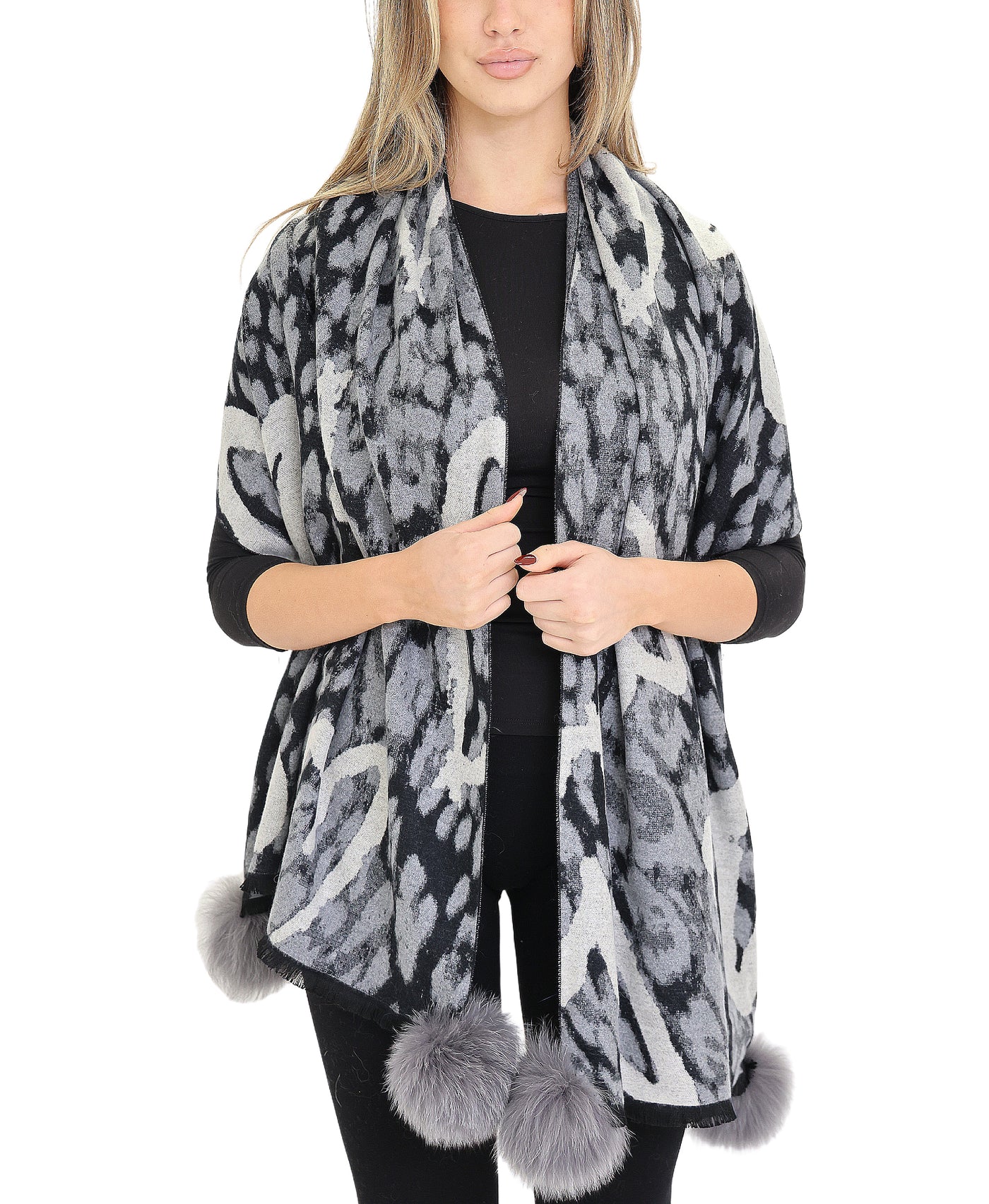 Animal & Heart Printed Scarf/Wrap w/ Fur Poms view 1