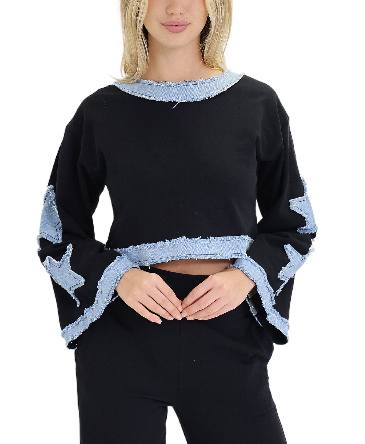 Denim Trim Crop Sweatshirt view 1