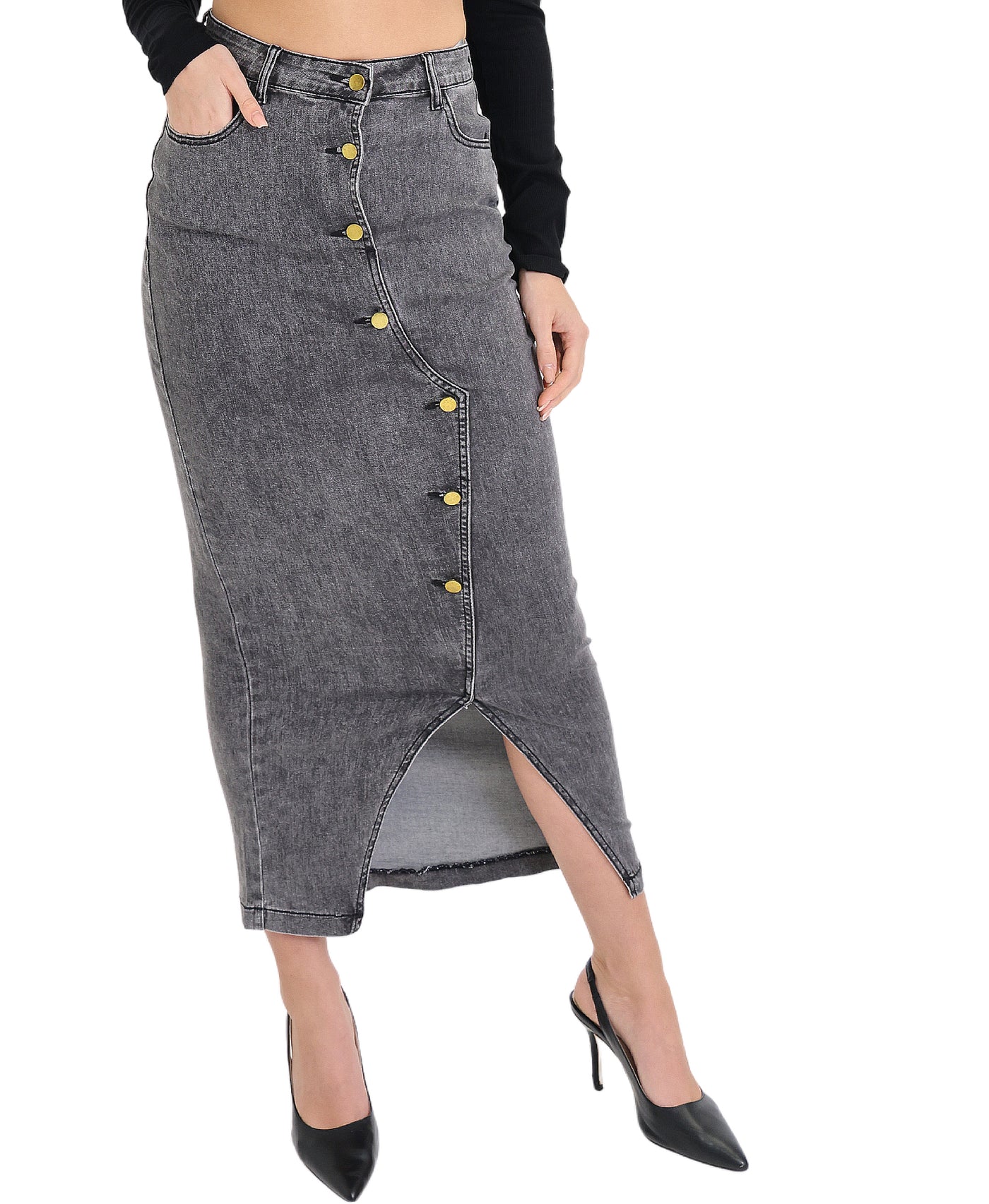 Denim Midi Skirt w/ Buttons view 1