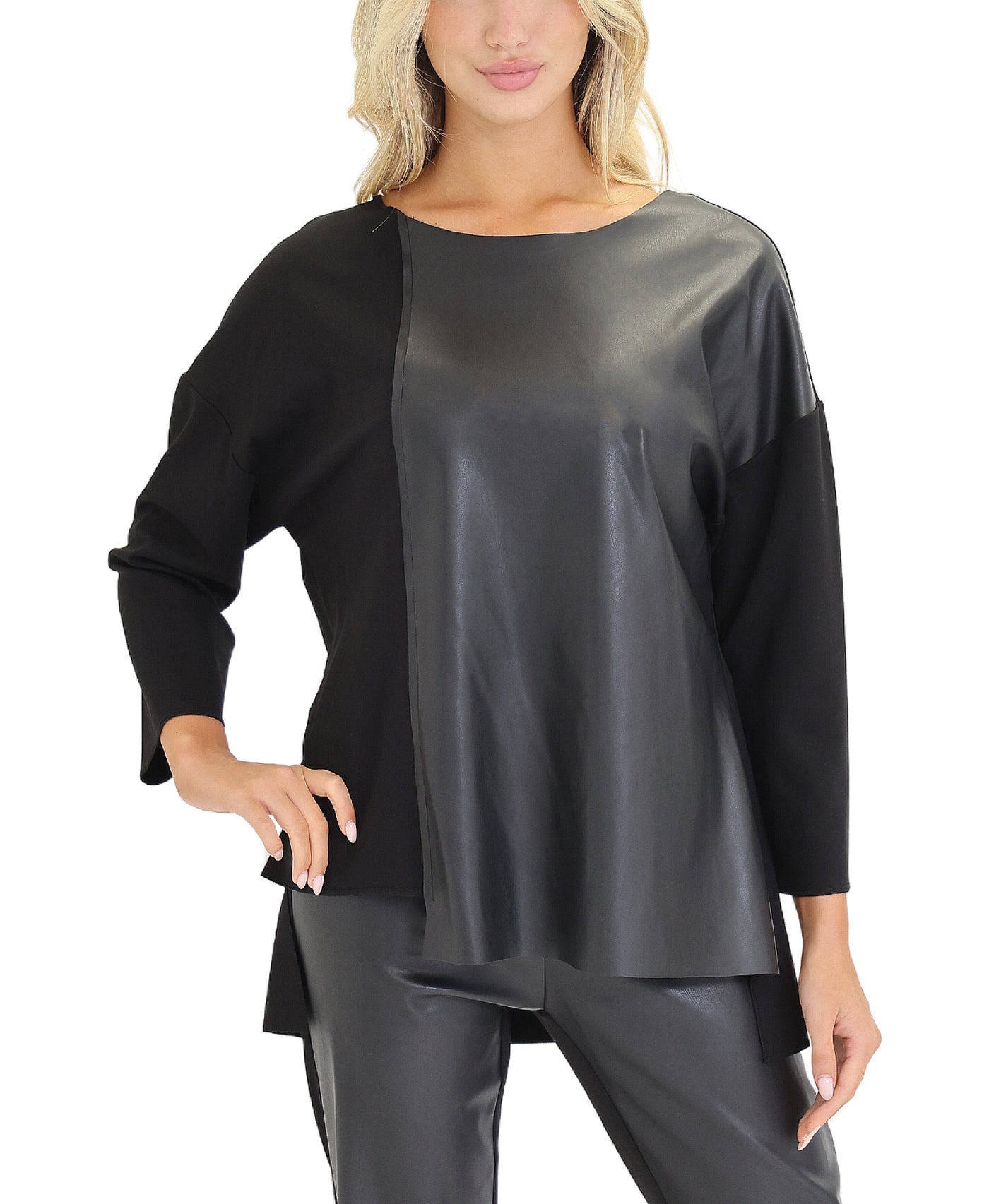 Faux Leather Combo Asymmetrical Top view 1