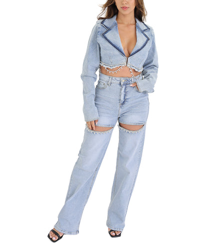 Denim Crop Jacket & Jeans w/ Rhinestones Set- 2 Pc Set image 1