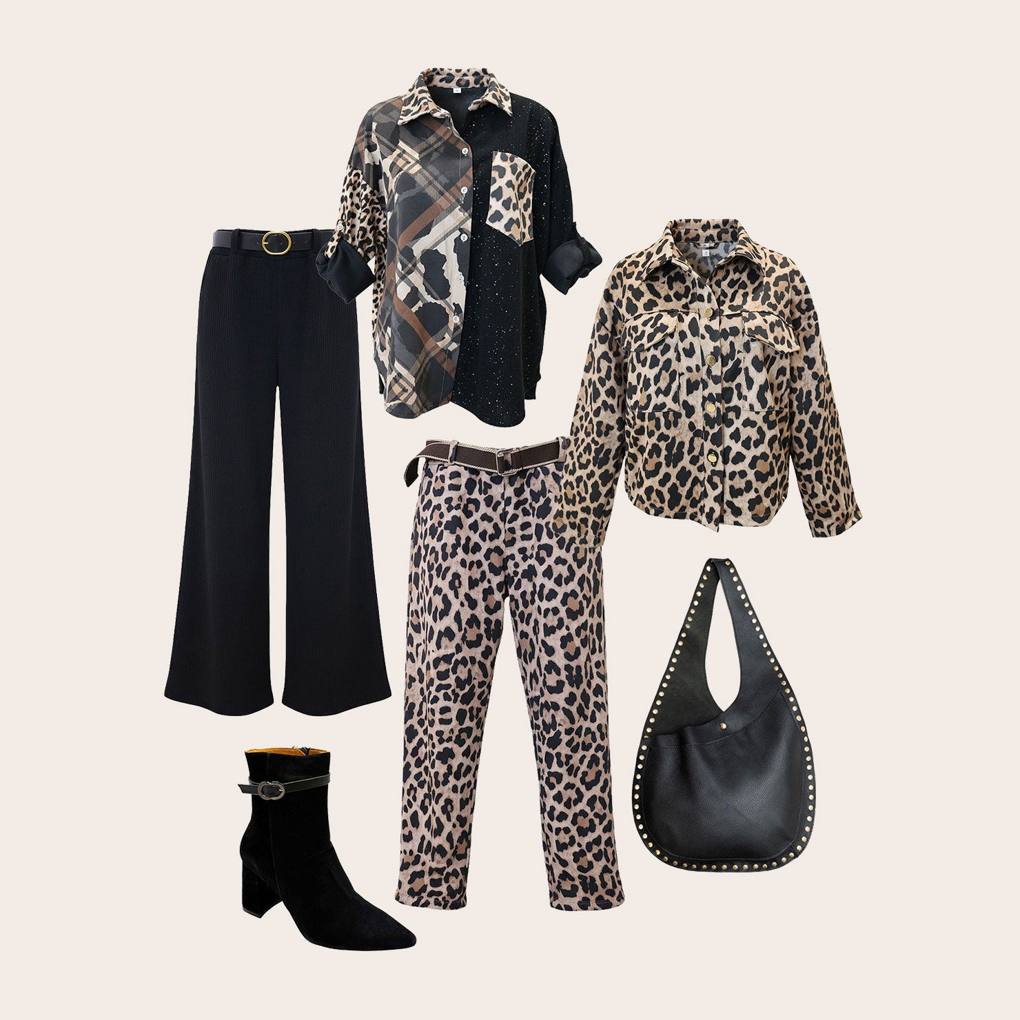 Flat lay of women's fashion items including black trousers, leopard print pieces, a plaid shirt with mixed patterns, black ankle boots, and a studded black handbag—styled for a bold, coordinated look.