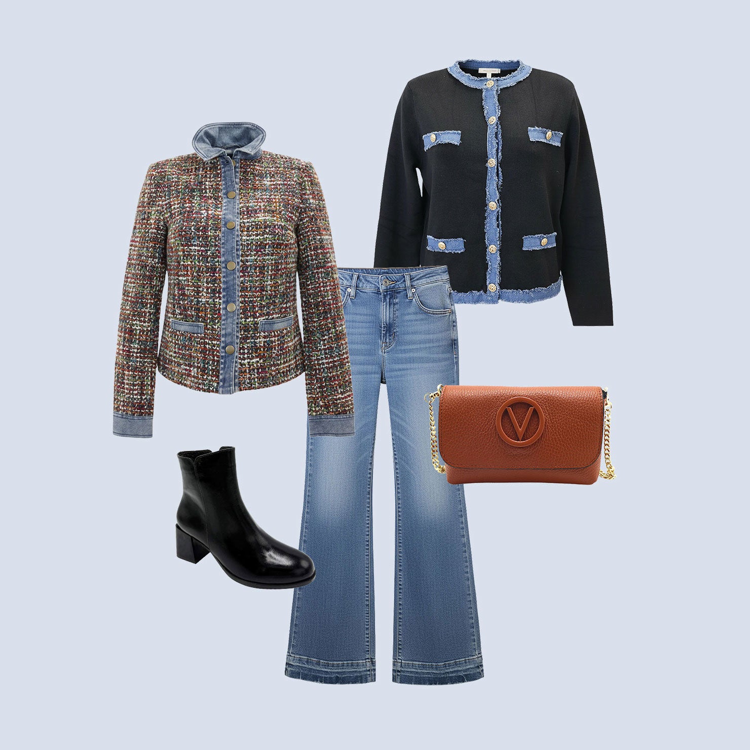 Flat lay of a stylish outfit featuring a multicolored tweed jacket, black cardigan with denim trim, light blue wide-leg jeans, glossy black ankle boots, and a rust color leather crossbody bag with a gold chain strap.