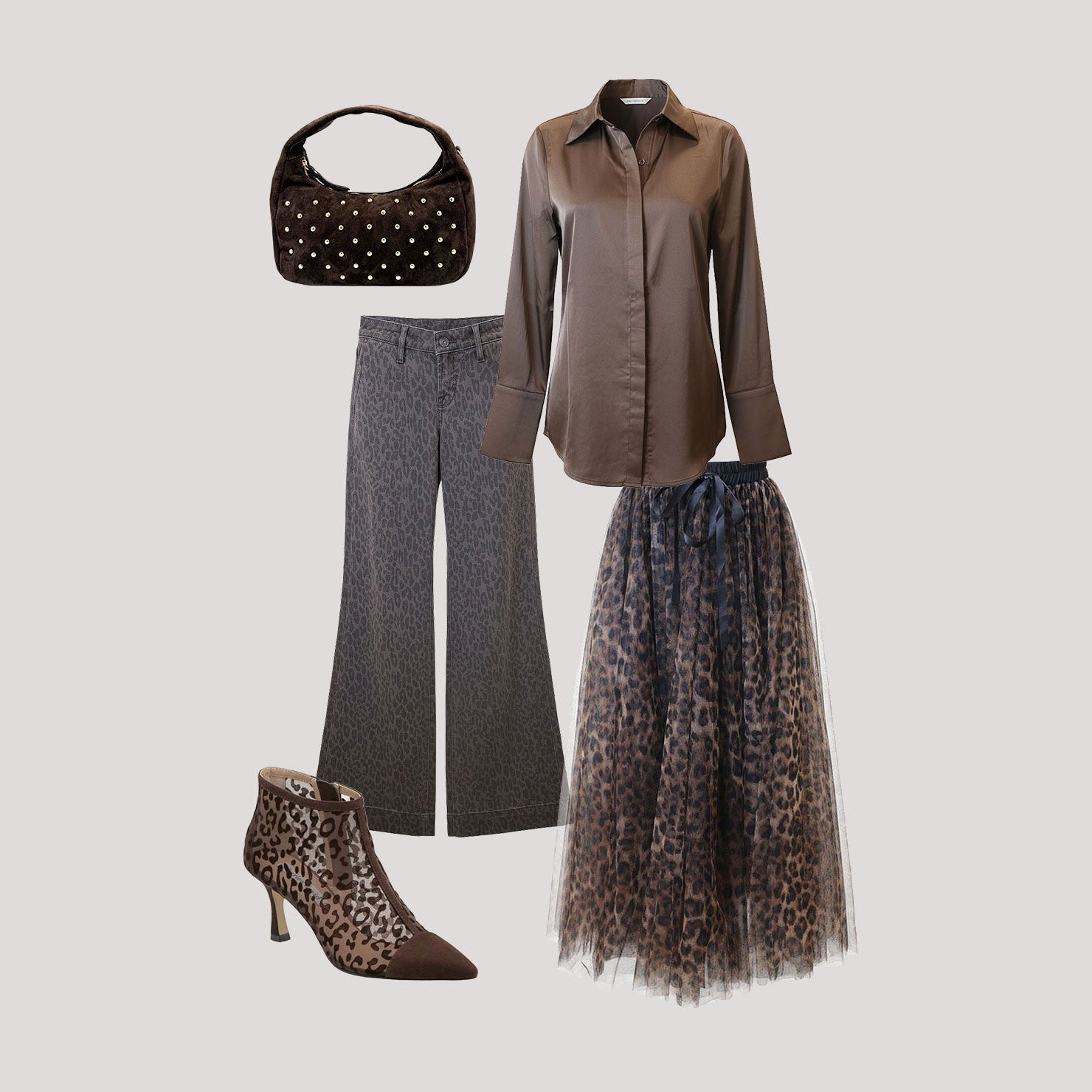 Flat lay of a coordinated outfit featuring a brown satin blouse, leopard print wide-leg pants, a bold leopard tulle maxi skirt, pointed leopard stiletto ankle boots, and a studded brown handbag.
