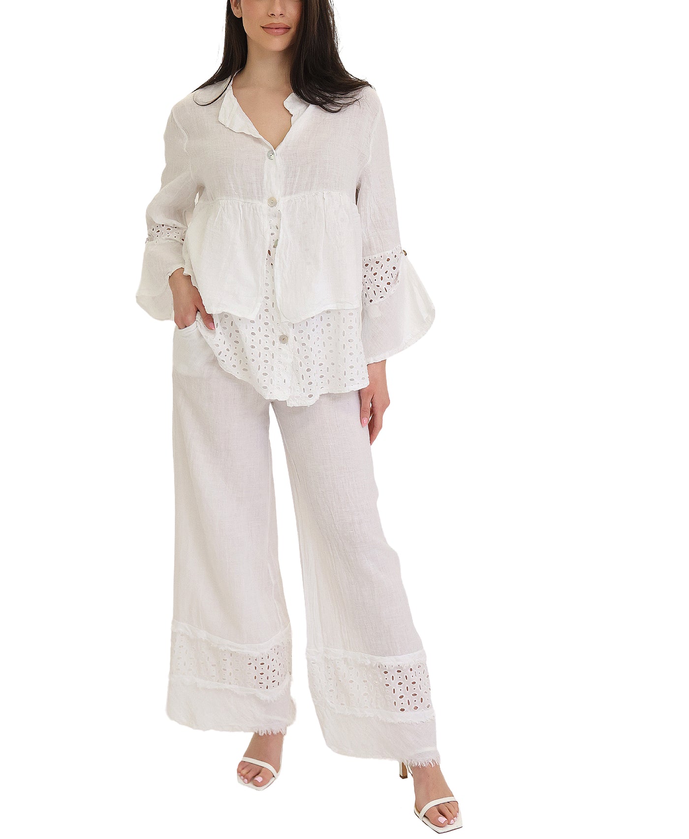 Linen Eyelet Top &  Pants - 2 Pc Set view 1