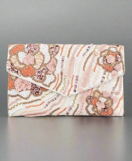 Handmade Floral Textured Beaded Clutch Bag view 1