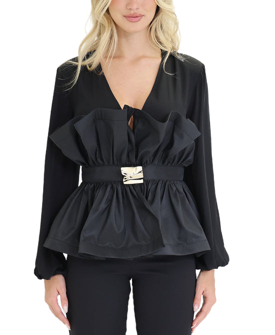 Peplum Blouse w/ Ruffle & Metal Detail view 1