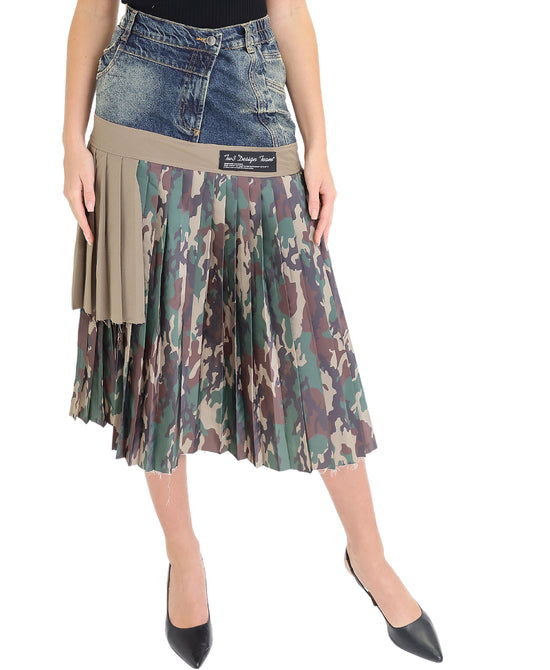 Pleated Camo Print Skirt w/ Denim Trim view 1