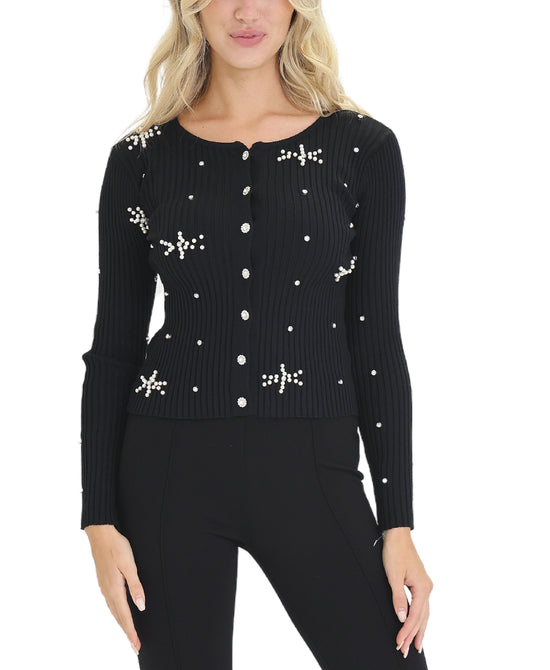 Ribbed Sweater w/ Pearls & Rhinestones view 