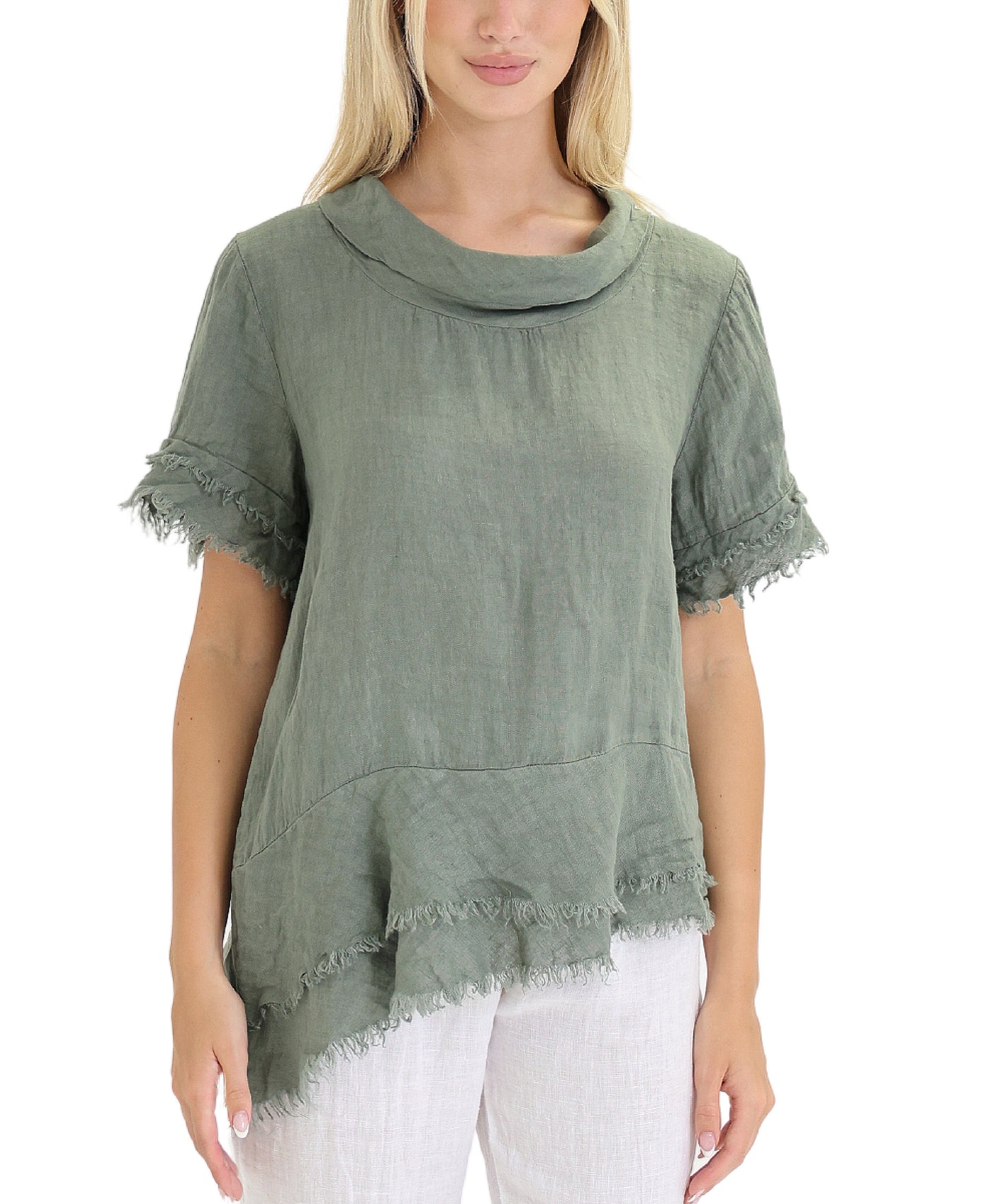 Linen Asymmetrical Top w/ Frayed Trim view 1