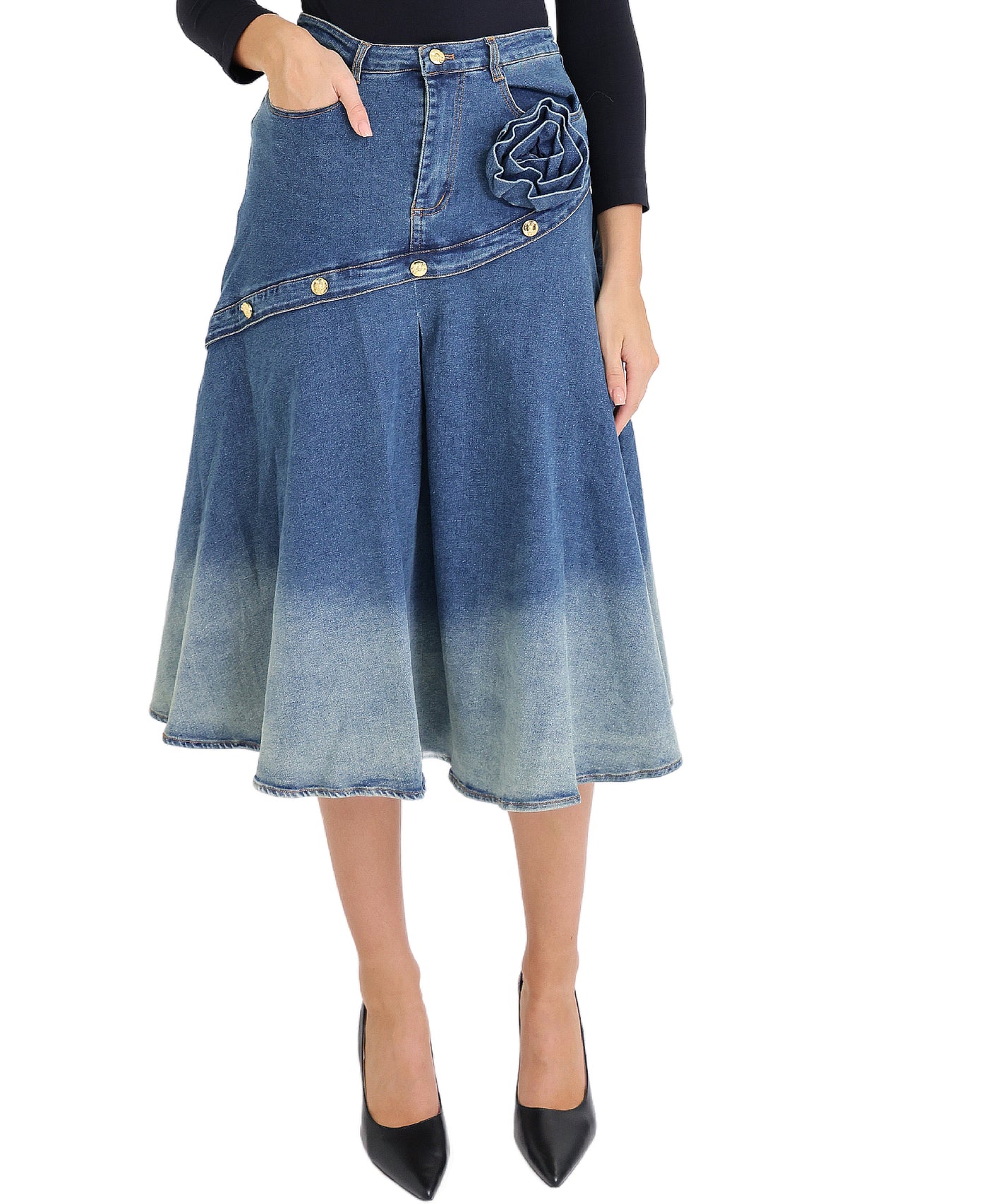 Ombre Denim Skirt w/ Rosette view 1