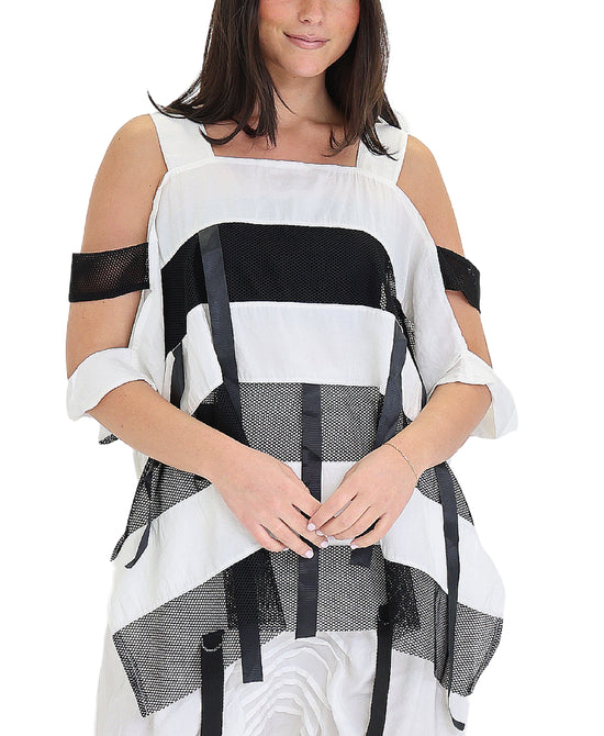 Mesh Striped Cold Shoulder Top view 1