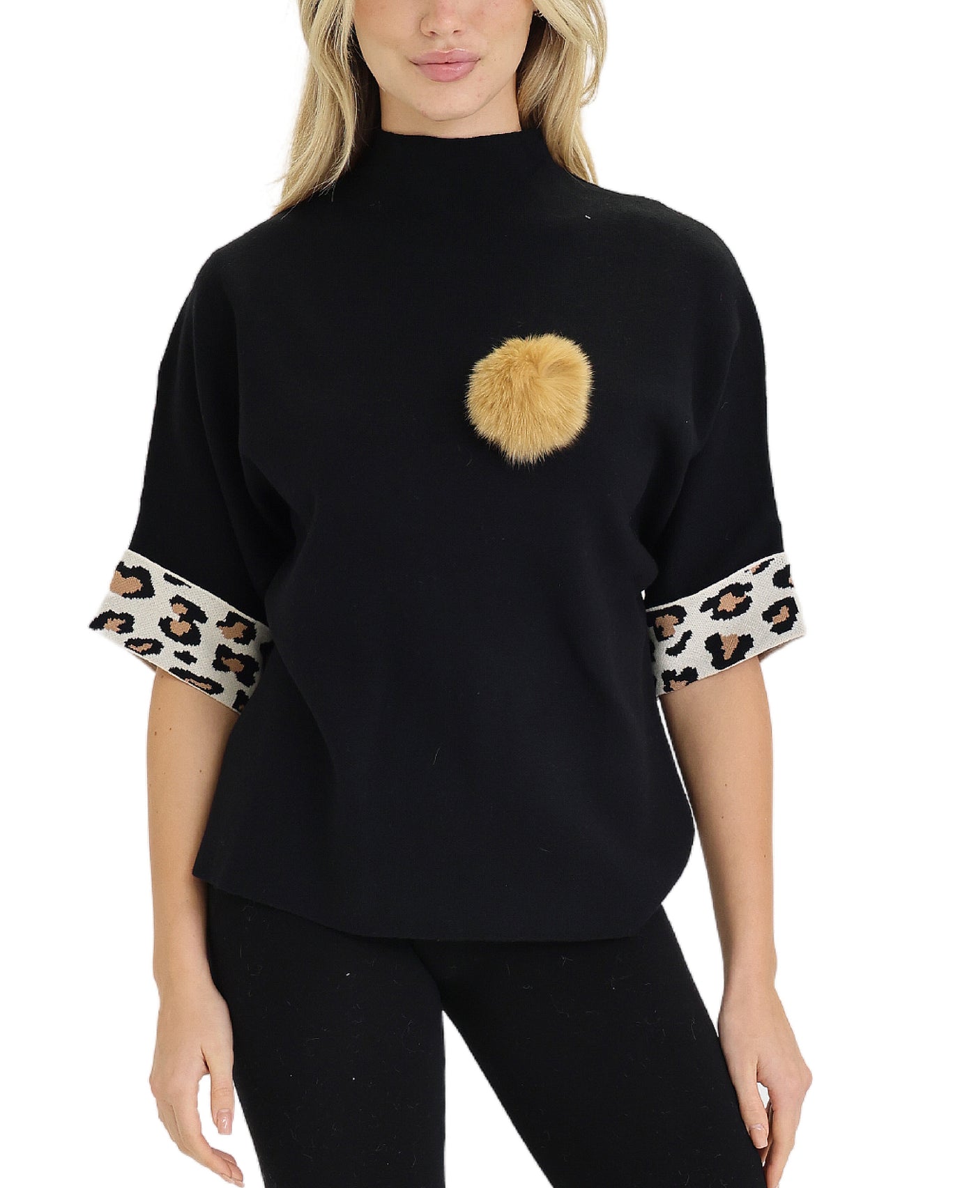 Sweater w/ Animal Print Trim & Puff view 1