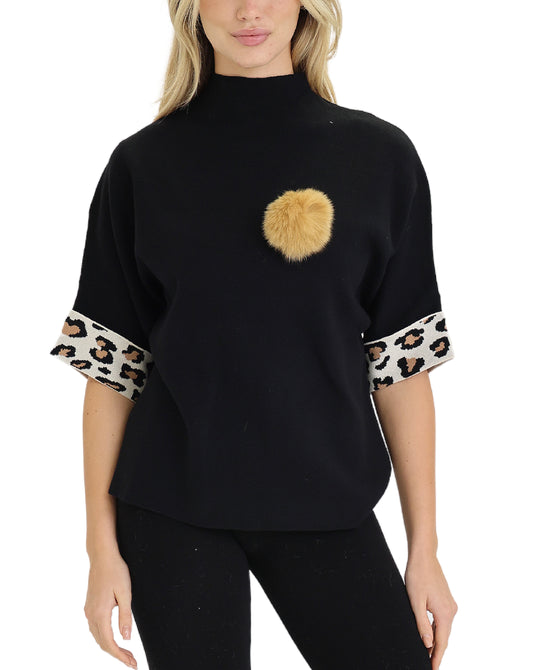 Sweater w/ Animal Print Trim & Puff view 