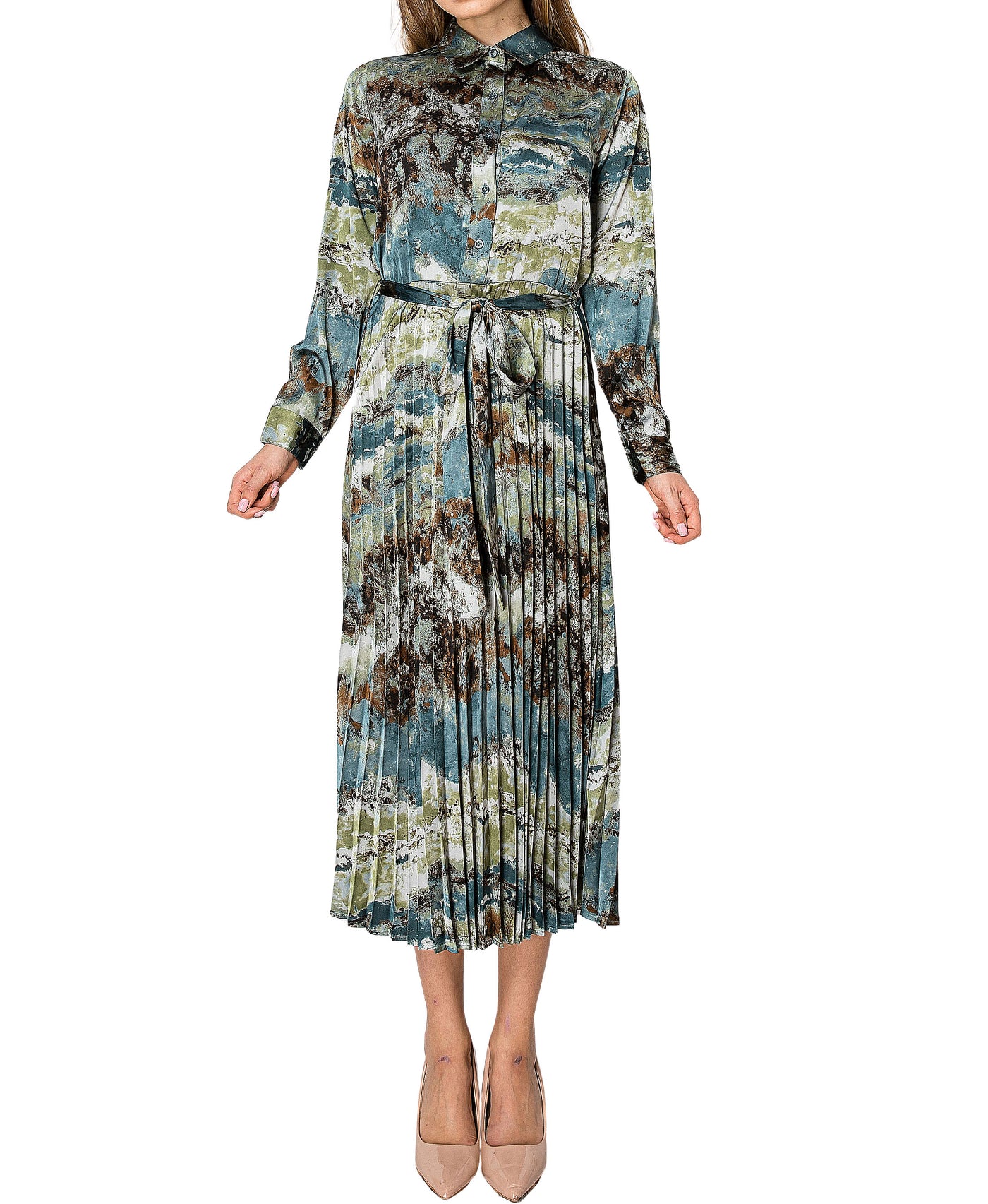 Printed Pleated Midi Dress view 1