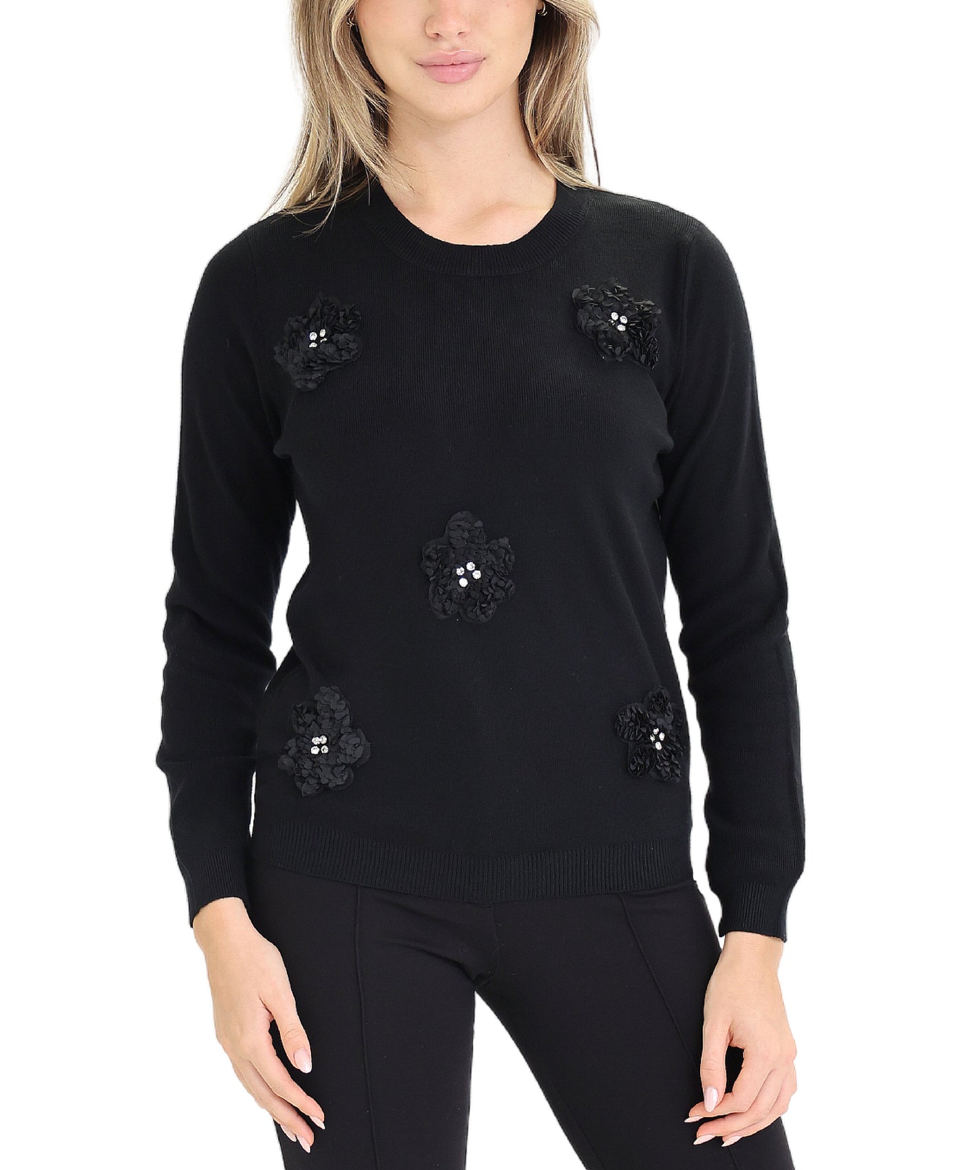 Sweater w/ 3D Flowers & Rhinestones view 1