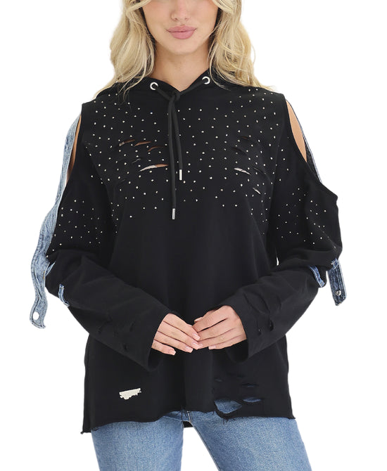 Cold Shoulder Hoodie w/ Rhinestones view 