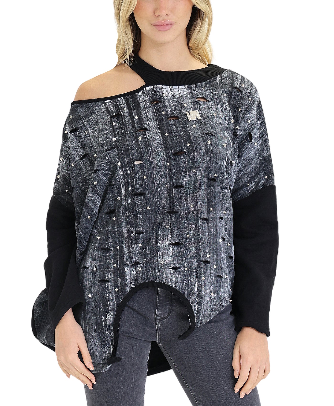 Distressed Printed Sweatshirt w/ Studs view 1