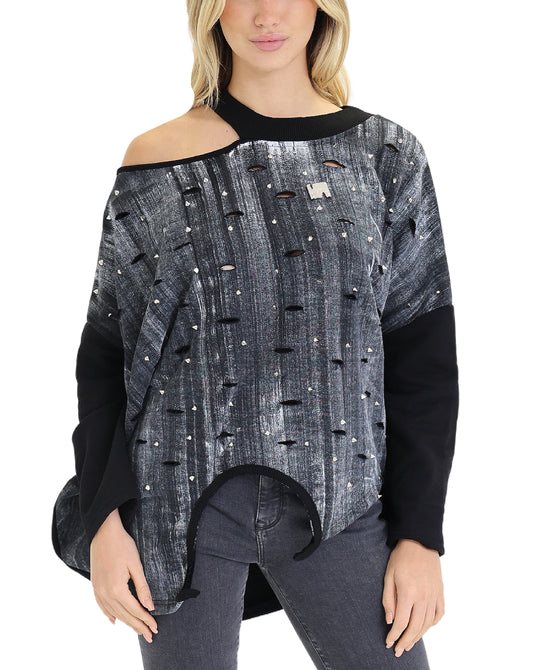 Distressed Printed Sweatshirt w/ Studs view 