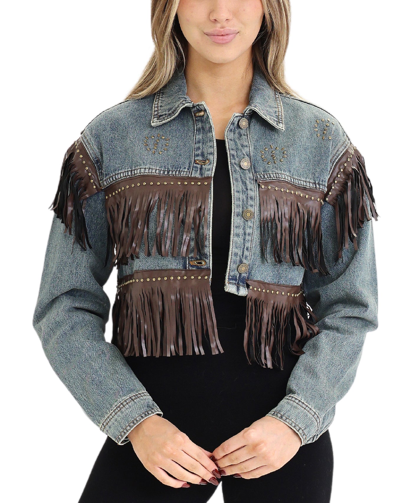 Denim Jacket w/ Studs & Faux Leather Fringe view 1