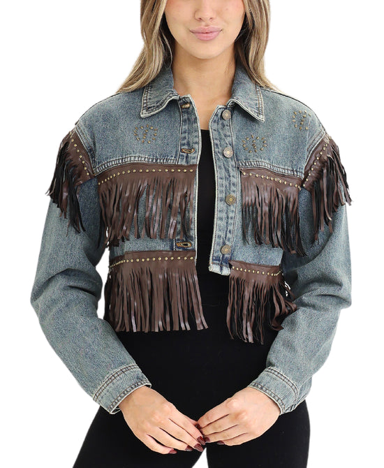 Denim Jacket w/ Studs & Faux Leather Fringe view 