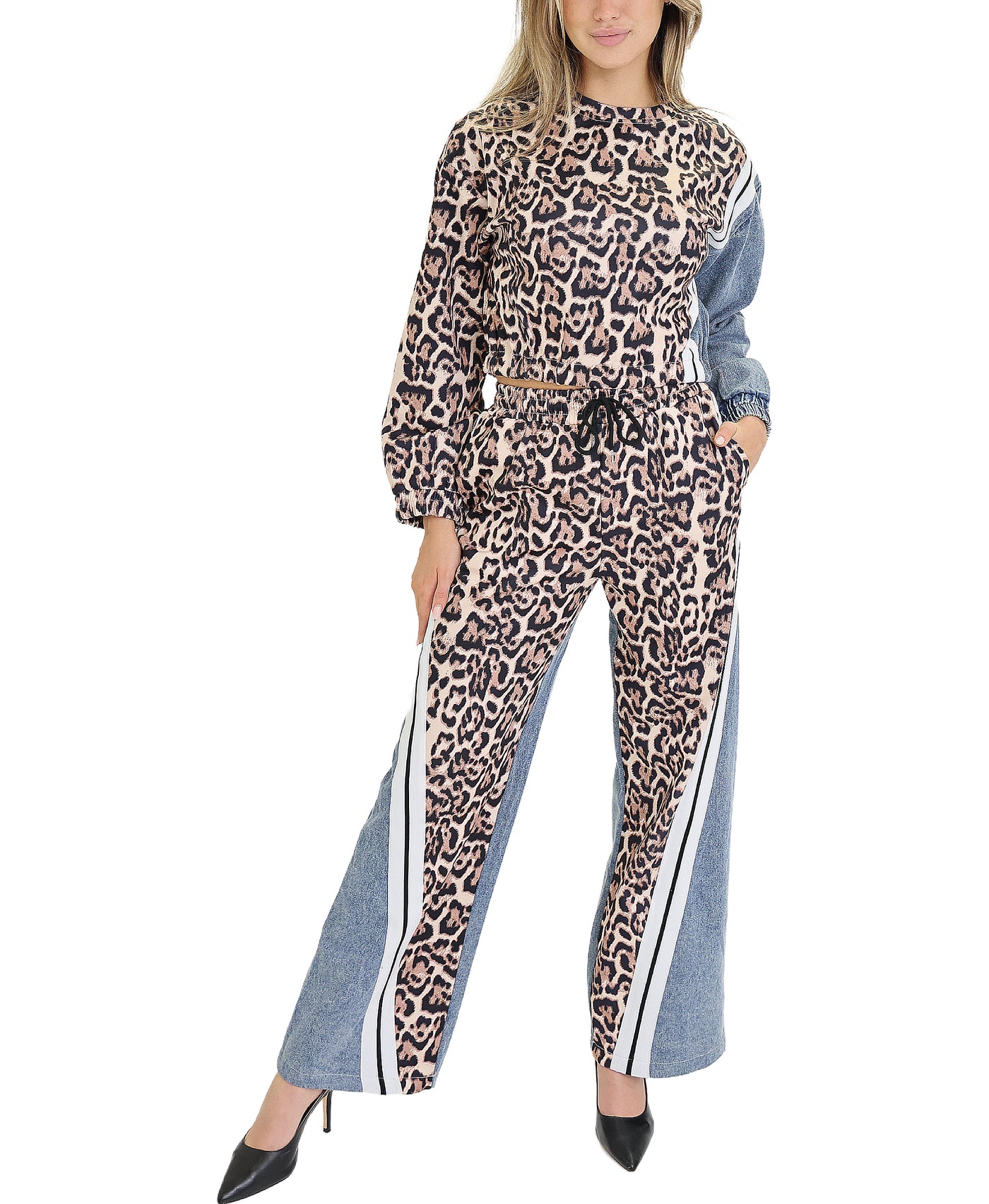 Leopard & Denim Top & Pants Set- 2 Pc Set view 1