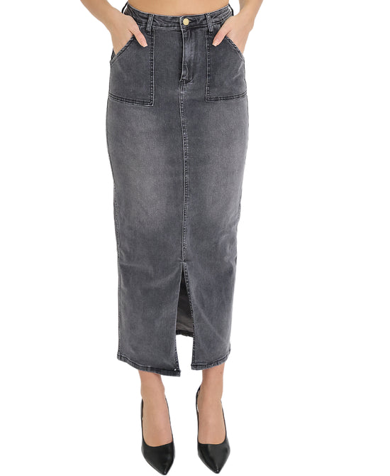 Denim Midi Skirt w/ Front Slit view 