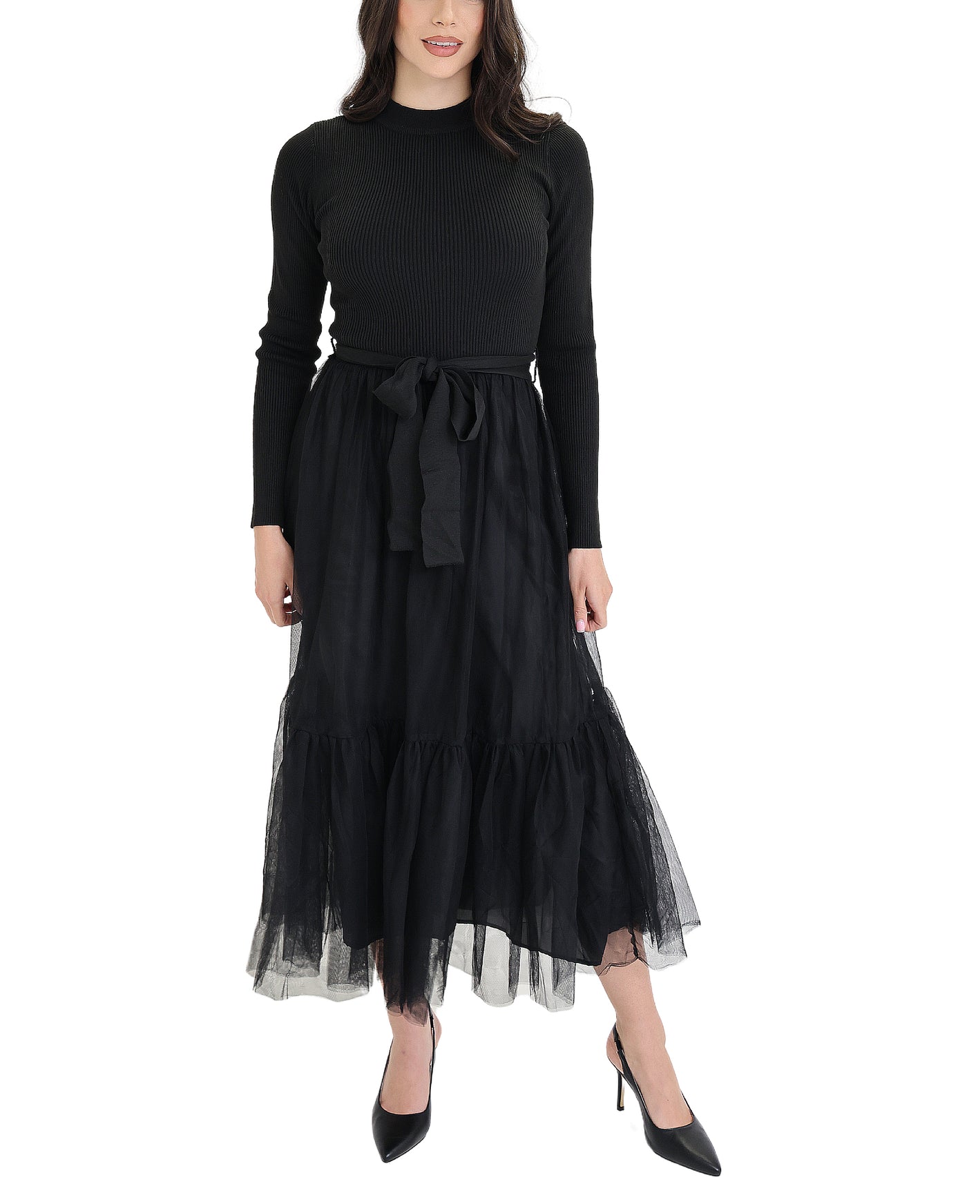 Knit Ribbed Tulle Midi Dress view 1