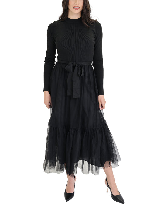 Knit Ribbed Tulle Midi Dress view 