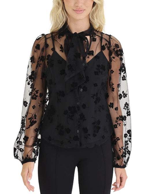 Flocked Floral Sheer Blouse view 1