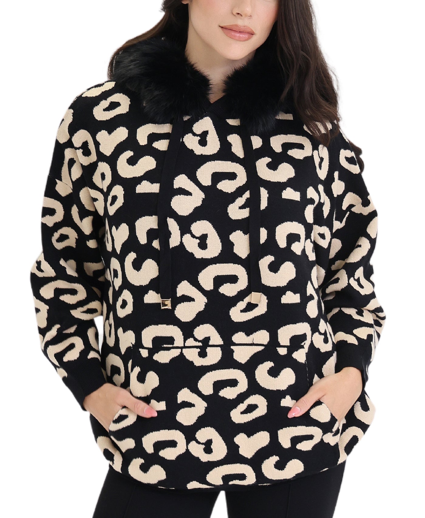 Leopard Hoodie Sweater w/ Faux Fur Trim view 1