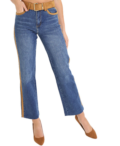 Jeans w/ Faux Suede Trim & Belt image 2