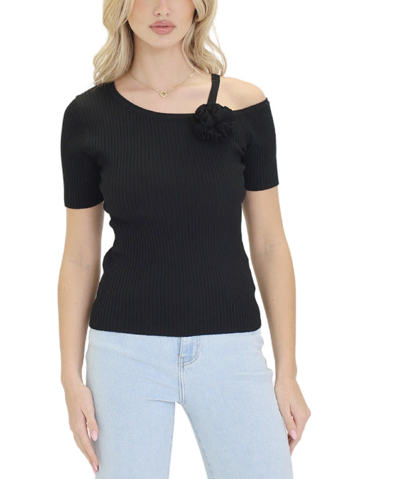 Knit Rib Cold Shoulder Top w/ Rosette view 1